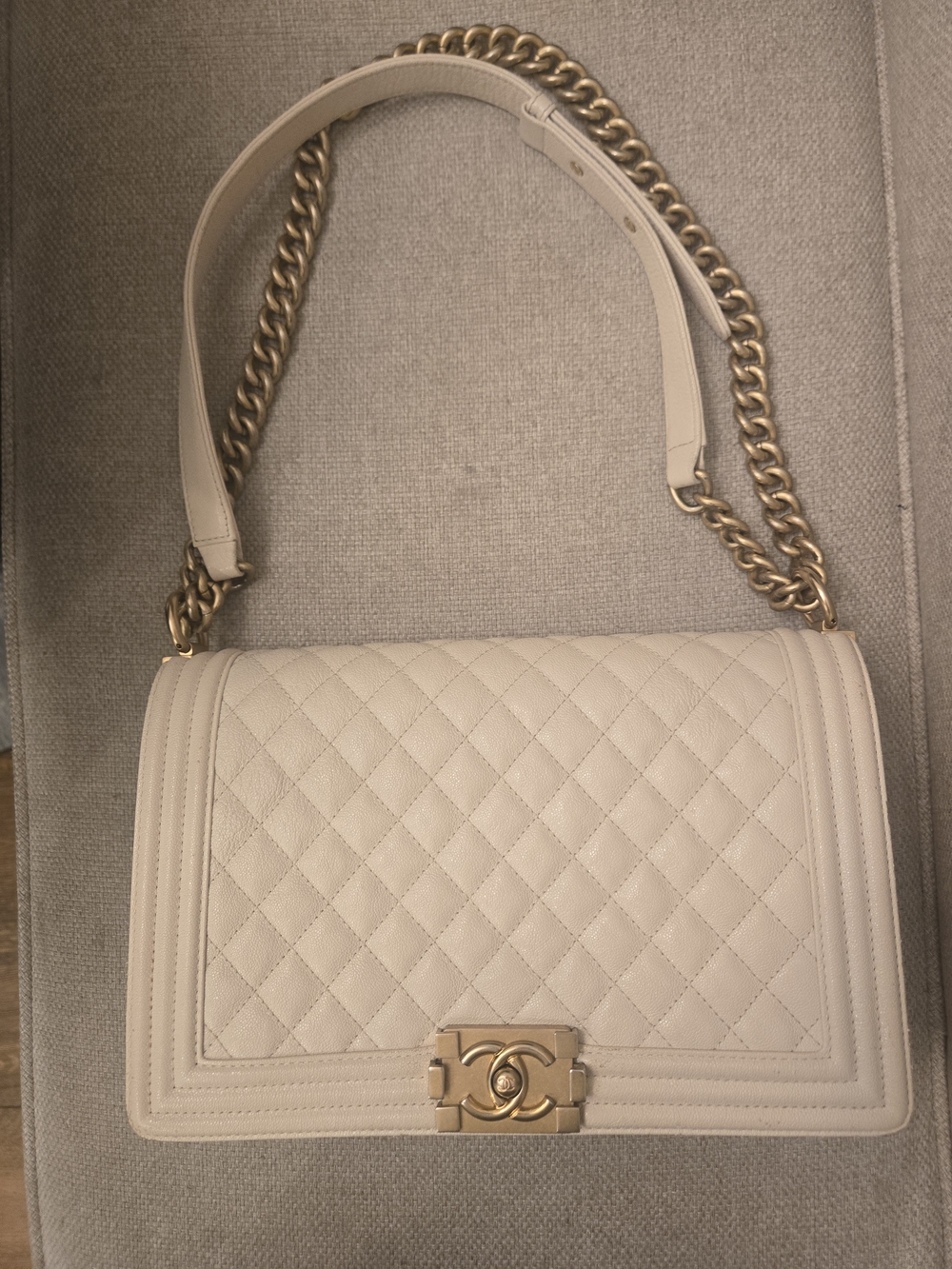 CHANEL Cream Quilted Medium Boy Bag with Gold Hardware